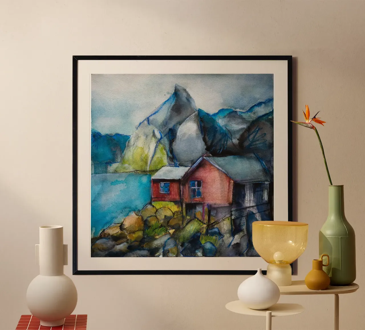 Cabins by the fjord poster con telaio in legno da Stoian Hitrov
