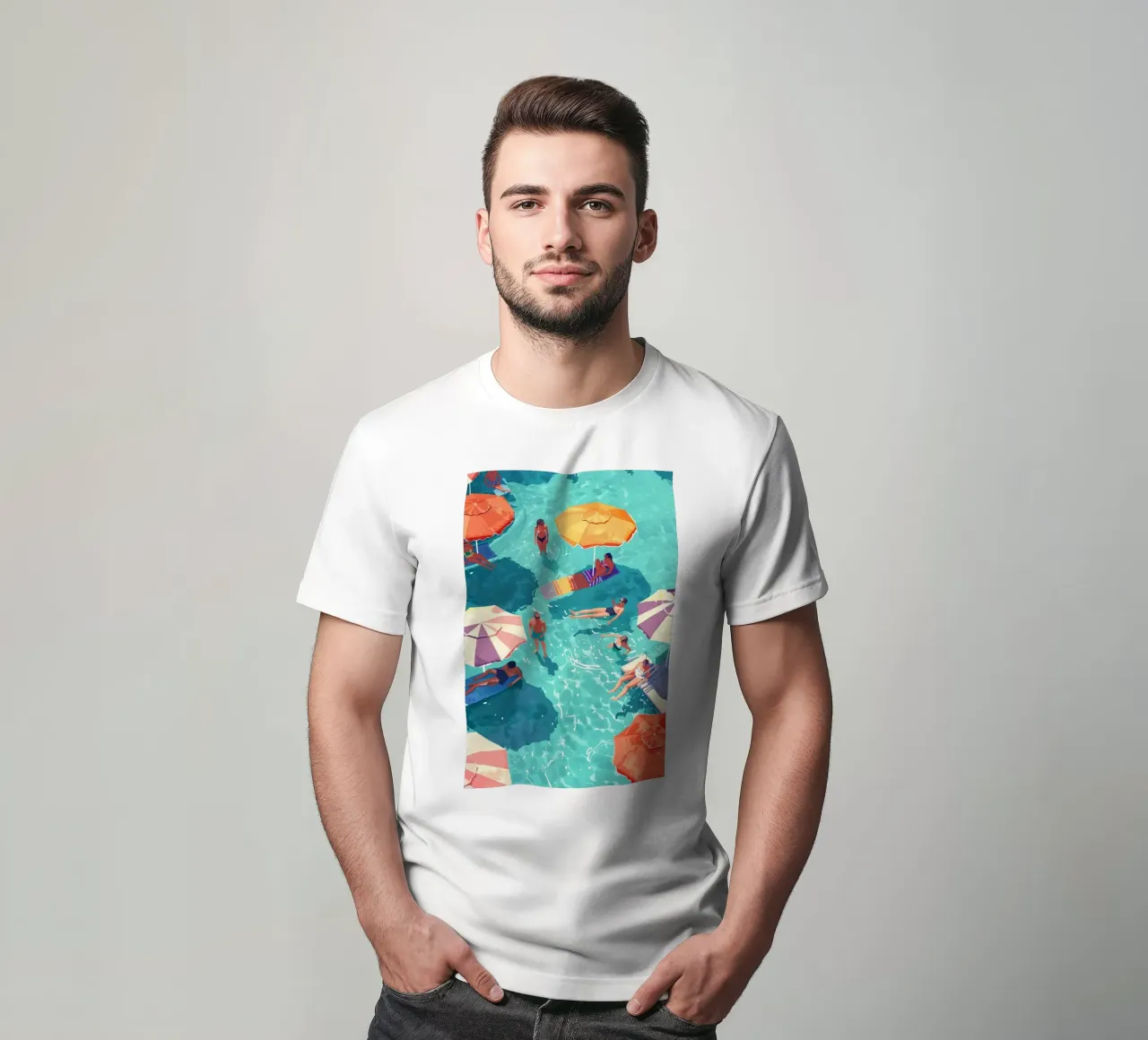 Pastel Poolside Vibes with Colorful Umbrellas and Fun in the t-shirt by jo shop