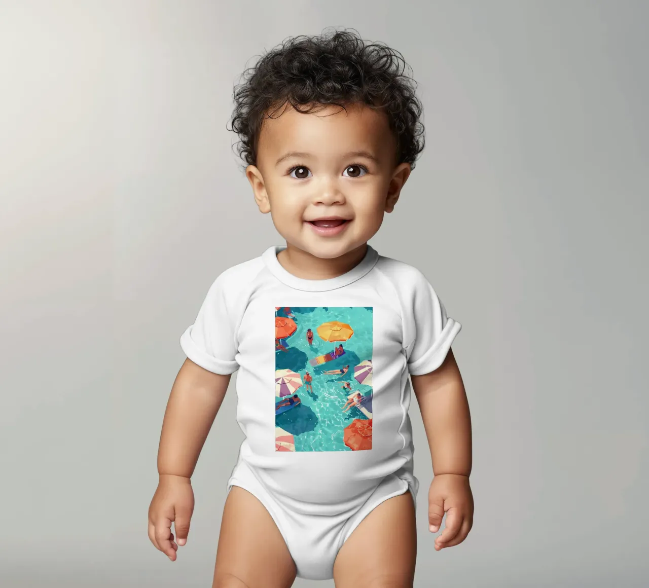Pastel Poolside Vibes with Colorful Umbrellas and Fun in the short-sleeve baby romper by jo shop