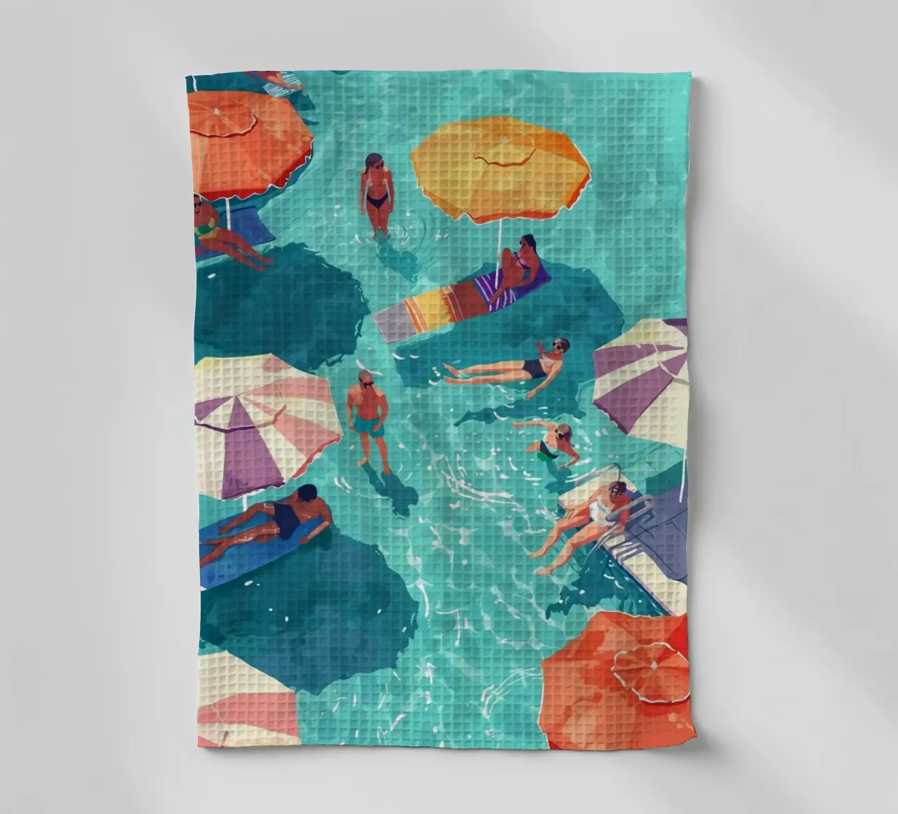 Pastel Poolside Vibes with Colorful Umbrellas and Fun in the tea towel by jo shop