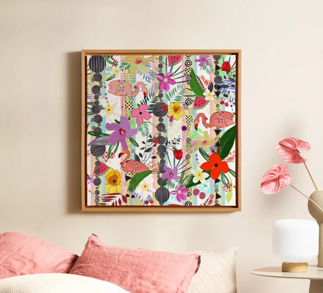 Tropical Flower, Flamingo and Exotic Flowers Pattern canvas with Floater frame by gulsengunel