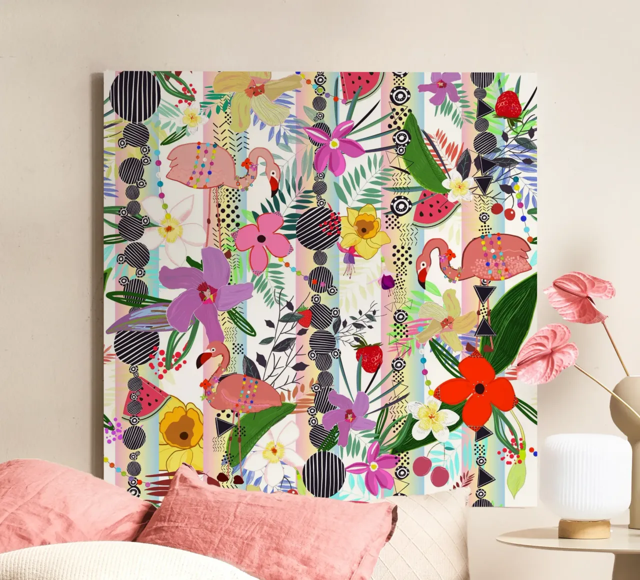 Tropical Flower, Flamingo and Exotic Flowers Pattern canvas with Floater frame by gulsengunel
