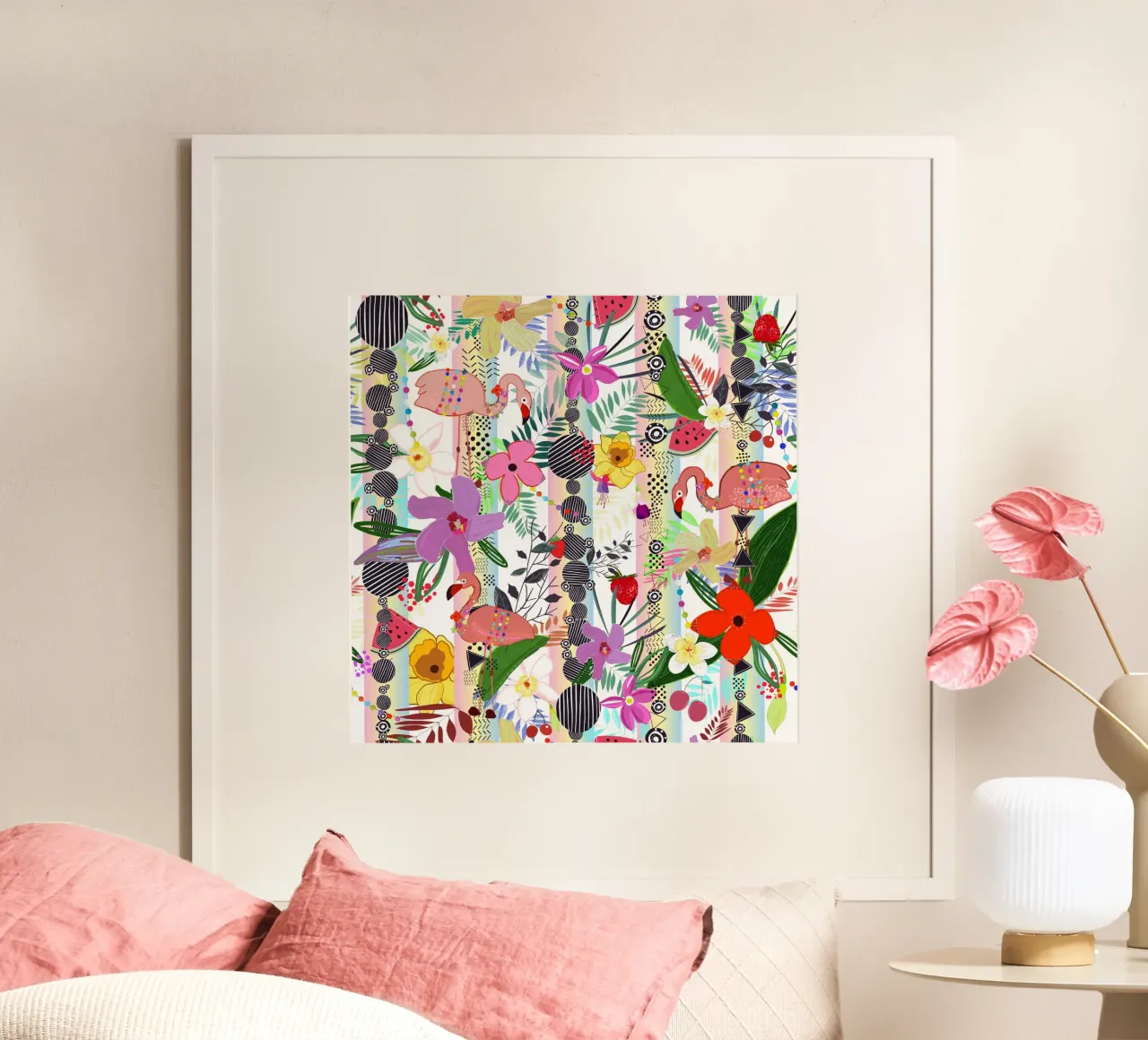 Motivo a fiori tropicali, fenicotteri e fiori esotici poster da gulsengunel