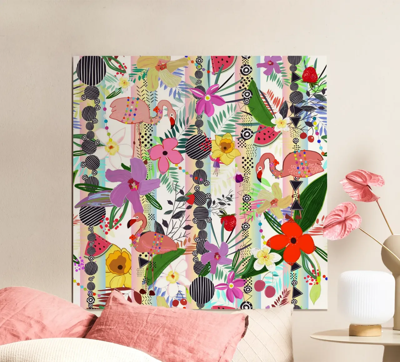 Motivo a fiori tropicali, fenicotteri e fiori esotici poster da gulsengunel