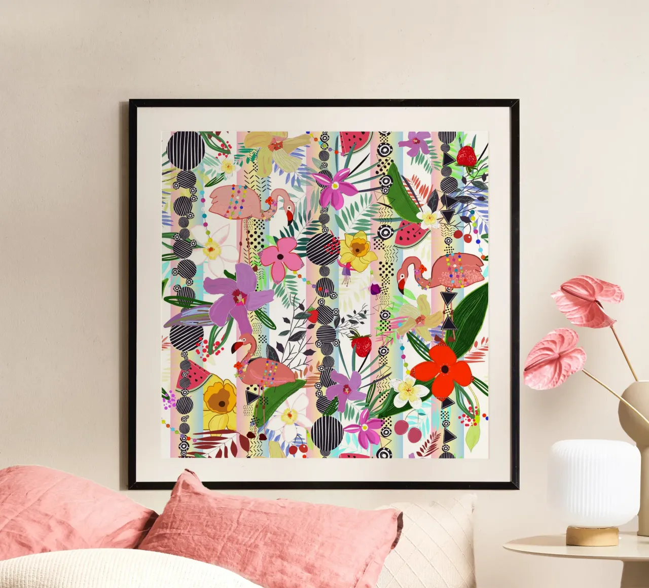 Motivo a fiori tropicali, fenicotteri e fiori esotici poster da gulsengunel