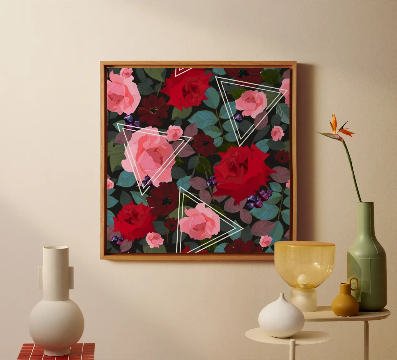 Triangoli con rose rosa rosse vintage e cosmi di cioccolato tela con Cornice a cassetta da gulsengunel