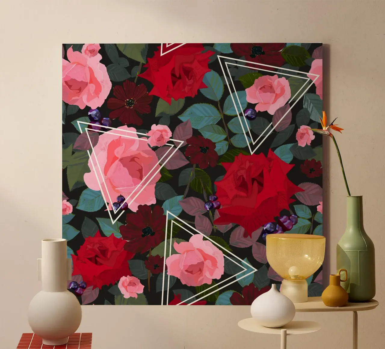 Triangoli con rose rosa rosse vintage e cosmi di cioccolato tela con Cornice a cassetta da gulsengunel