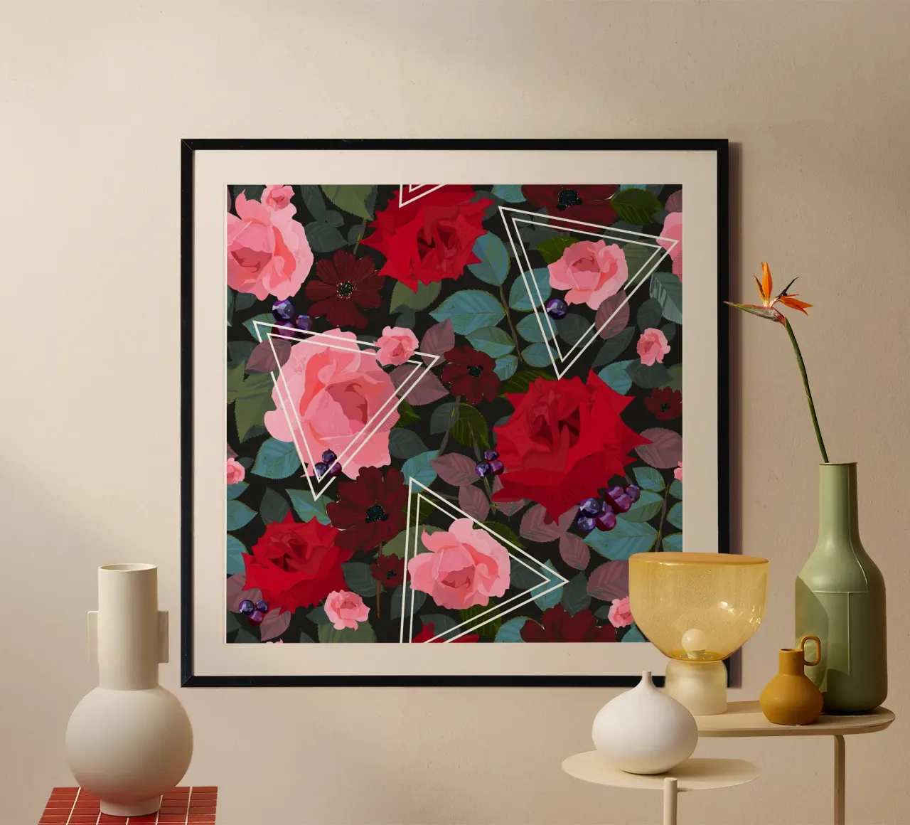 Triangoli con rose rosa rosse vintage e cosmi di cioccolato poster da gulsengunel