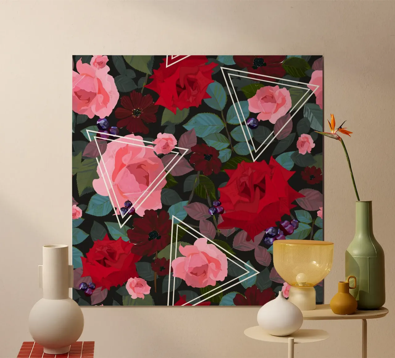 Triangoli con rose rosa rosse vintage e cosmi di cioccolato poster da gulsengunel