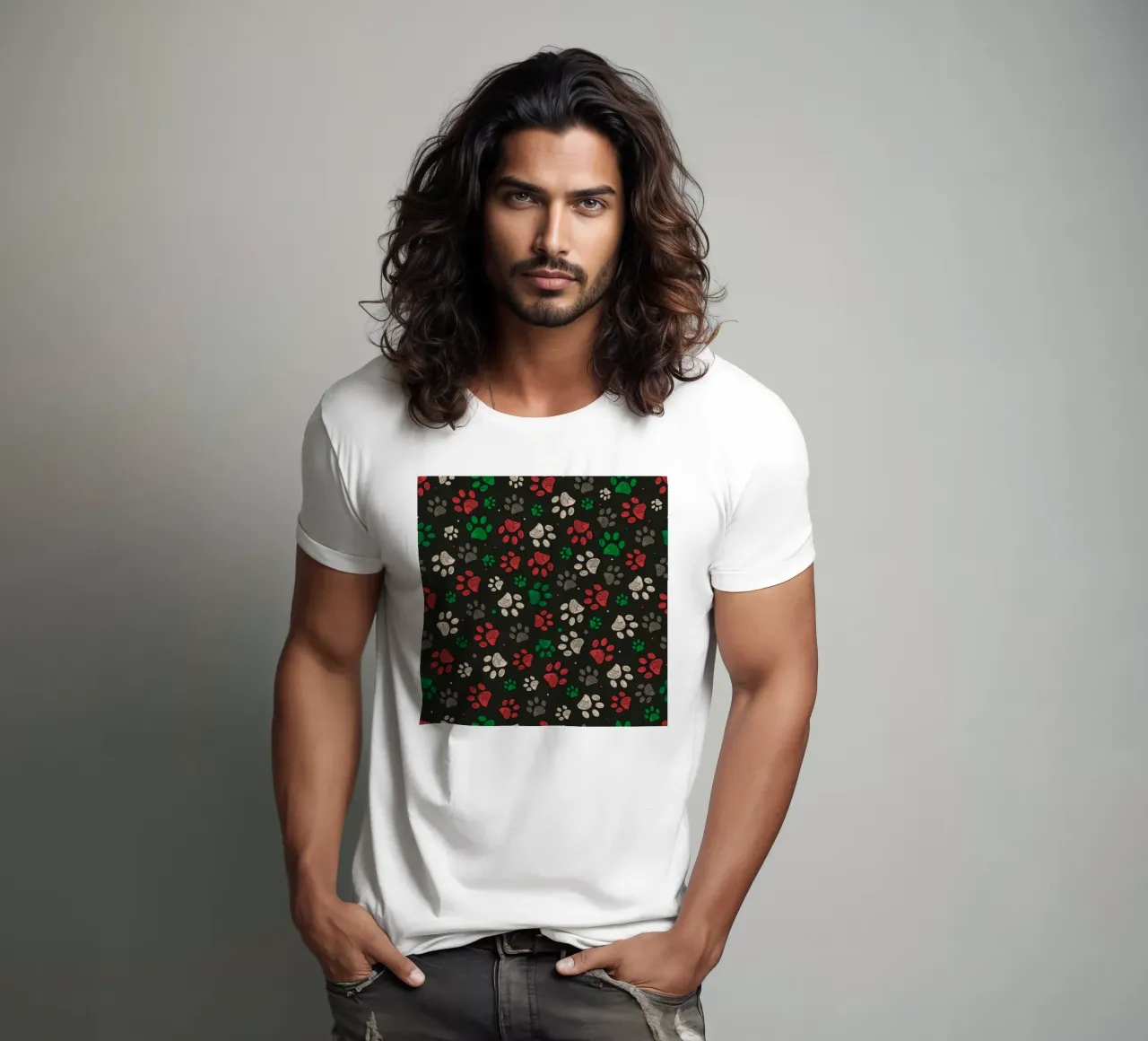 Trace with red green christmas design paw print t-shirt by gulsengunel