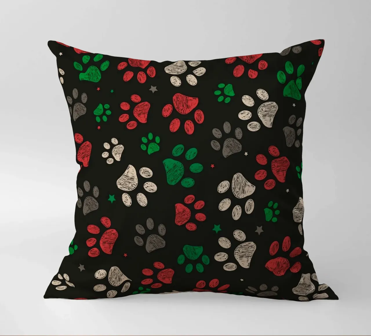 Trace with red green christmas design paw print decorative cushion by gulsengunel