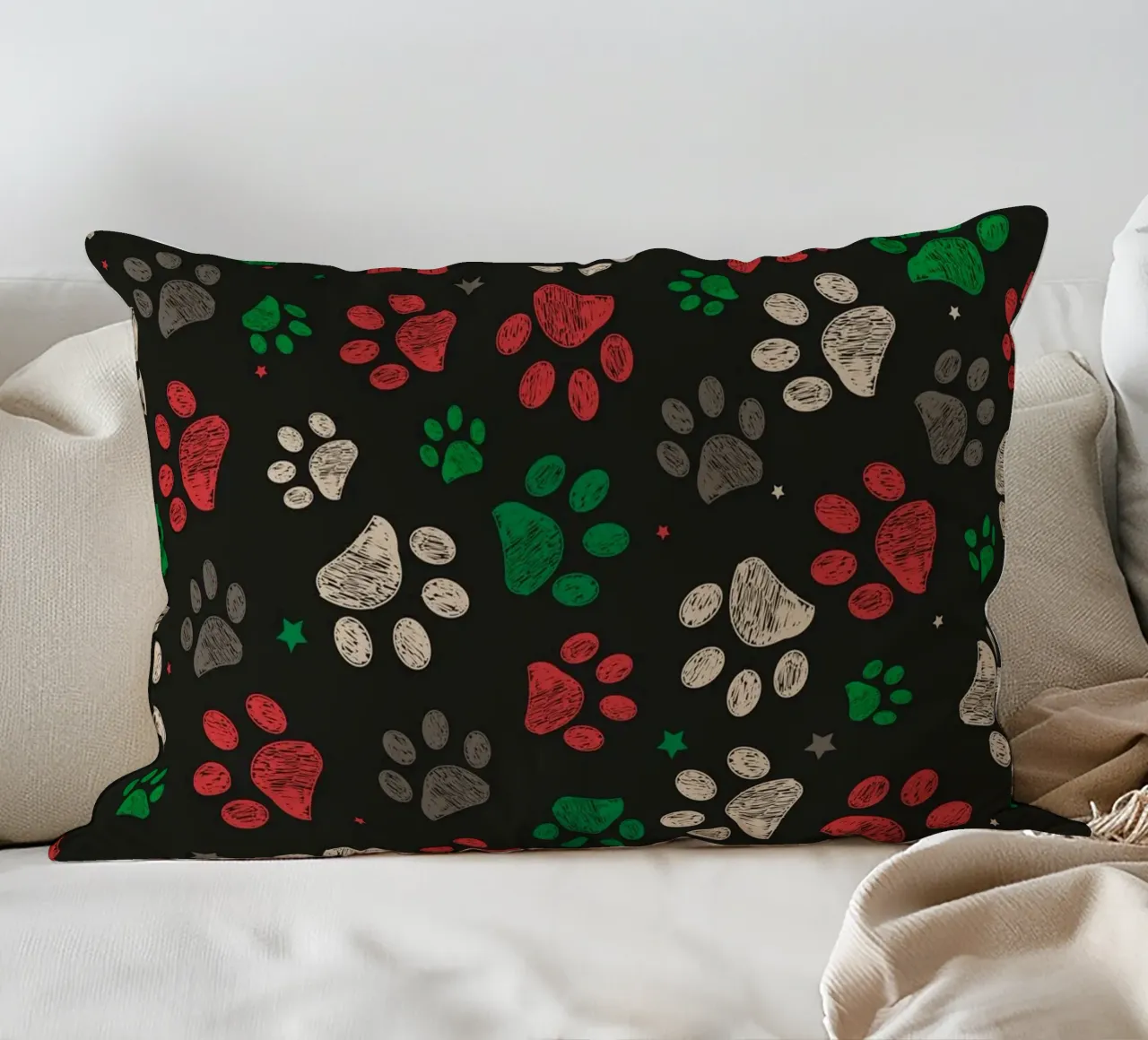 Trace with red green christmas design paw print decorative cushion by gulsengunel
