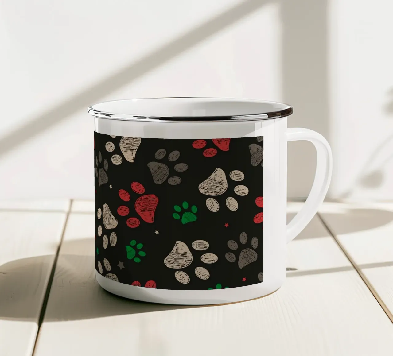 Trace with red green christmas design paw print enamel mug by gulsengunel