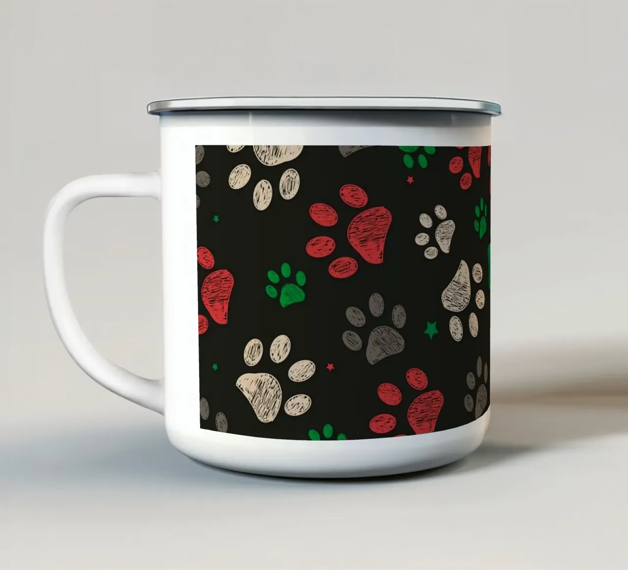 Trace with red green christmas design paw print enamel mug by gulsengunel