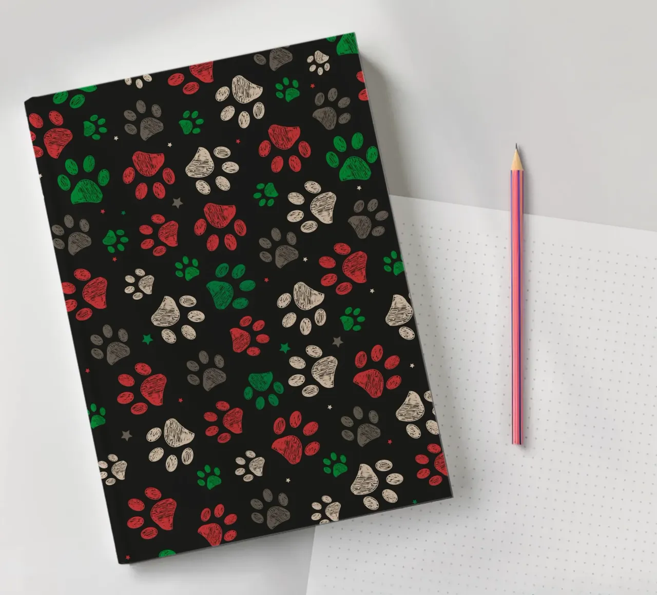 Trace with red green christmas design paw print notebook by gulsengunel