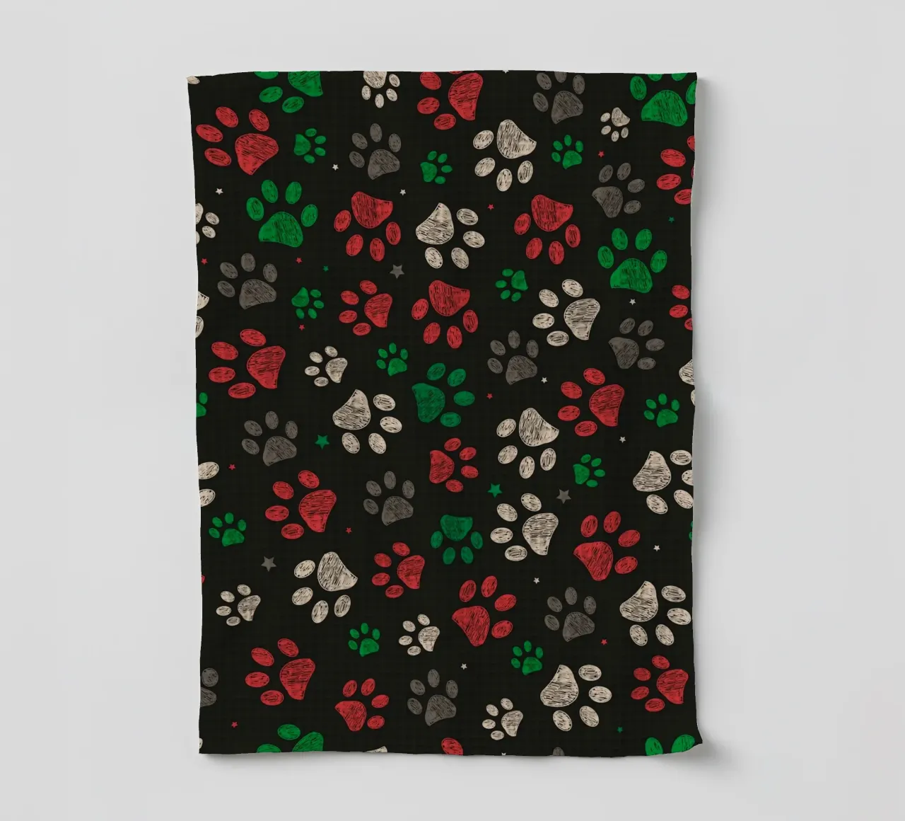 Trace with red green christmas design paw print tea towel by gulsengunel