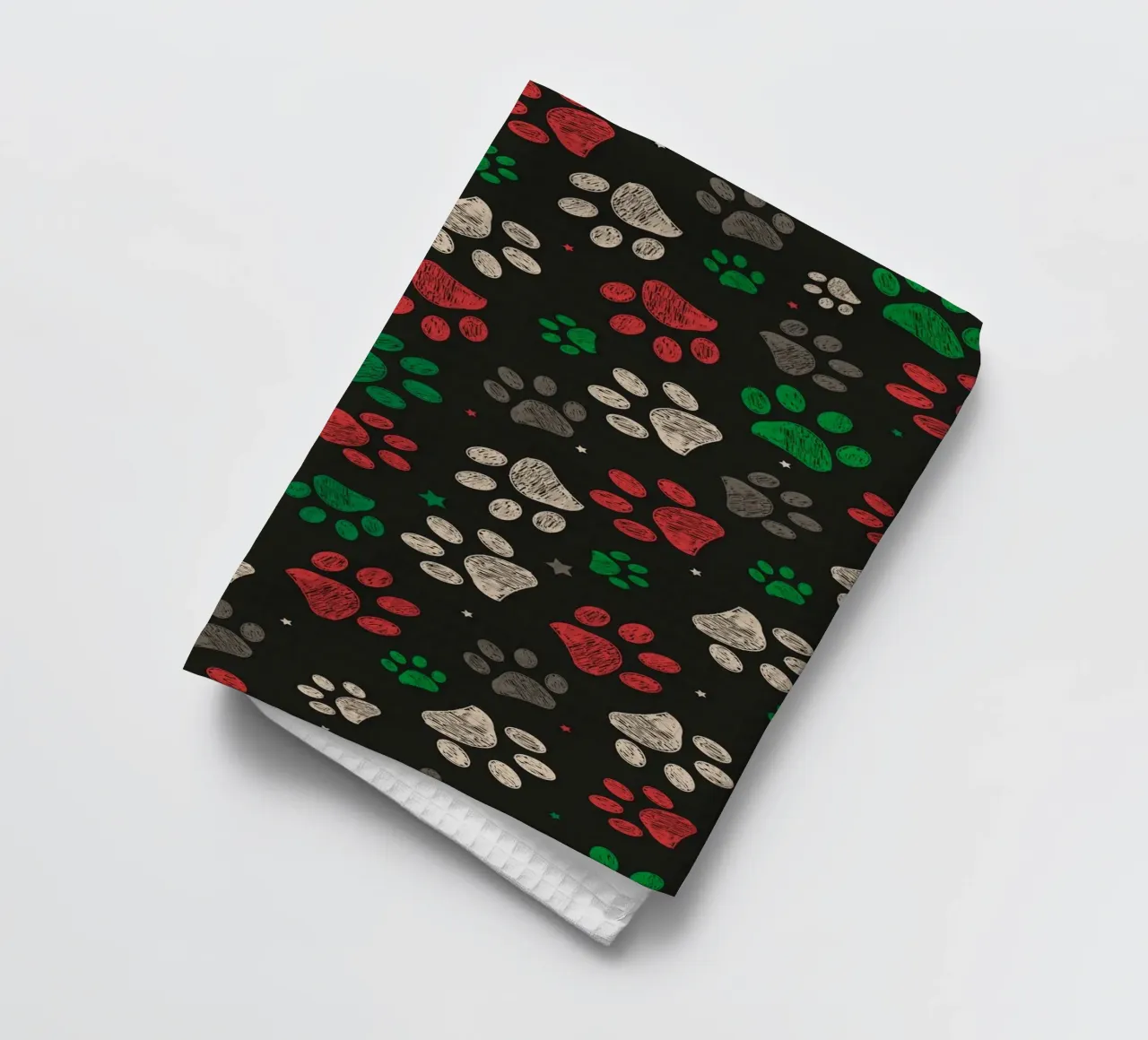 Trace with red green christmas design paw print tea towel by gulsengunel