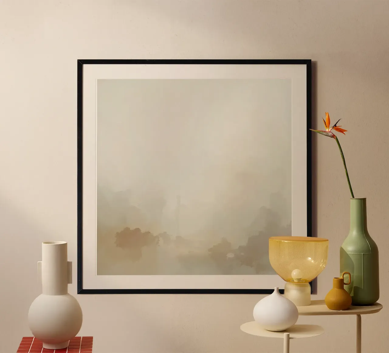 Pittura astratta di paesaggio sui toni della terra poster con telaio in legno da DesignDoodle