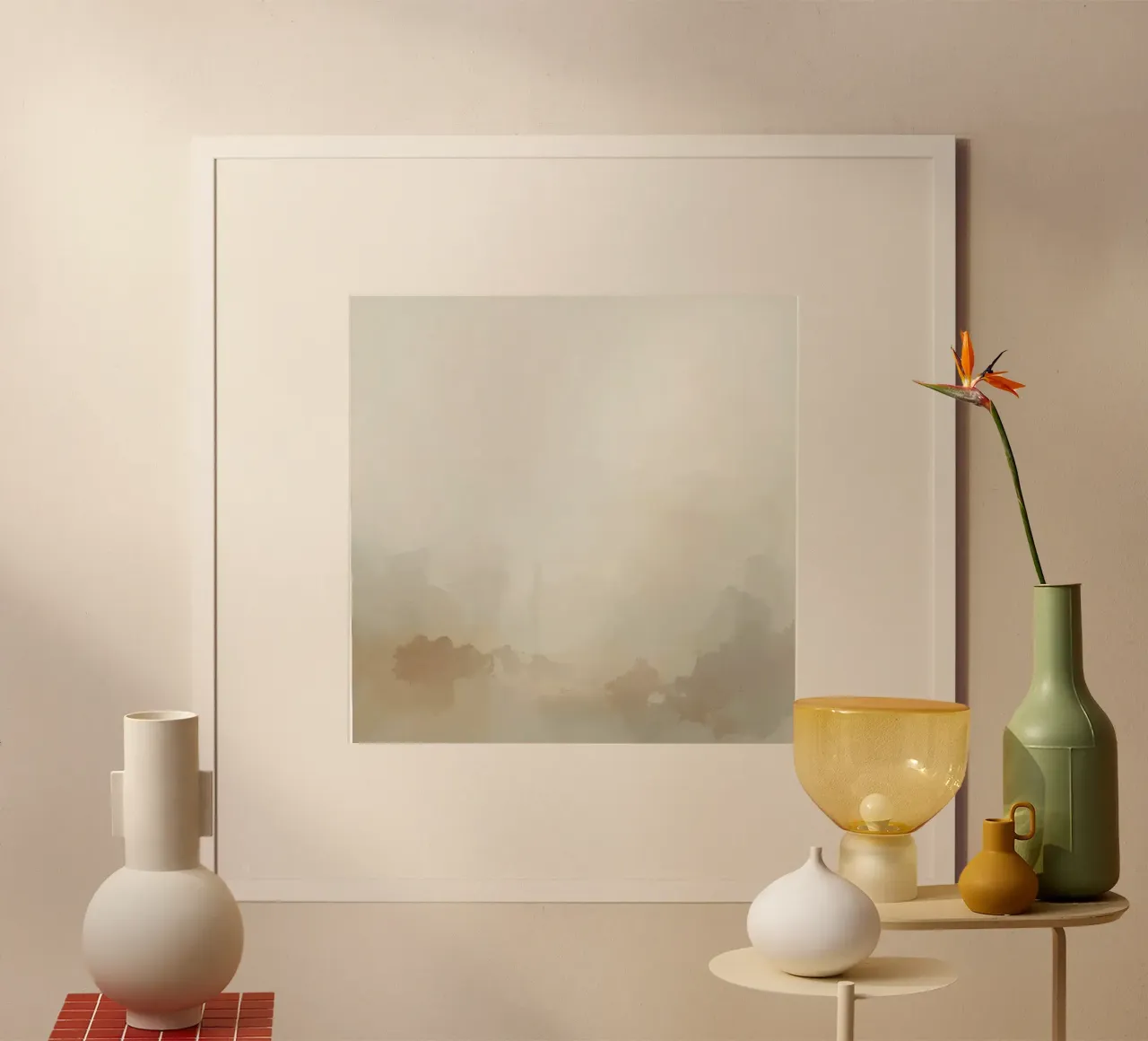 Pittura astratta di paesaggio sui toni della terra poster con telaio in legno da DesignDoodle