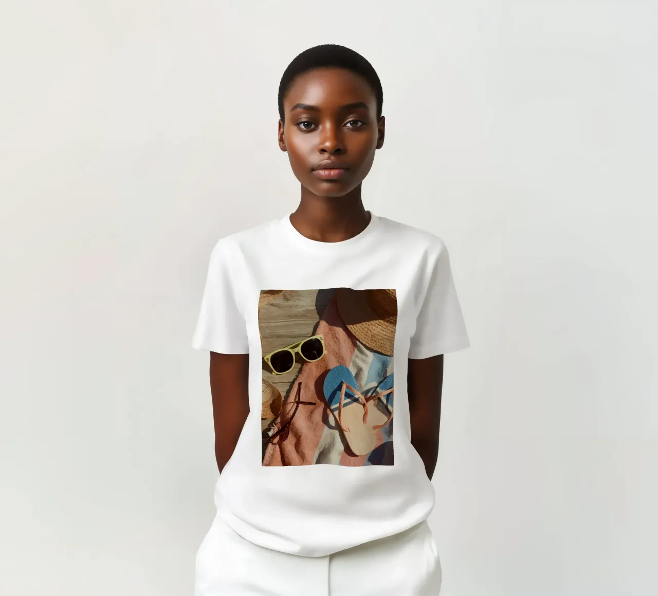 Accessori da spiaggia su asciugamano a righe e superficie in legno t-shirt da DesignDoodle