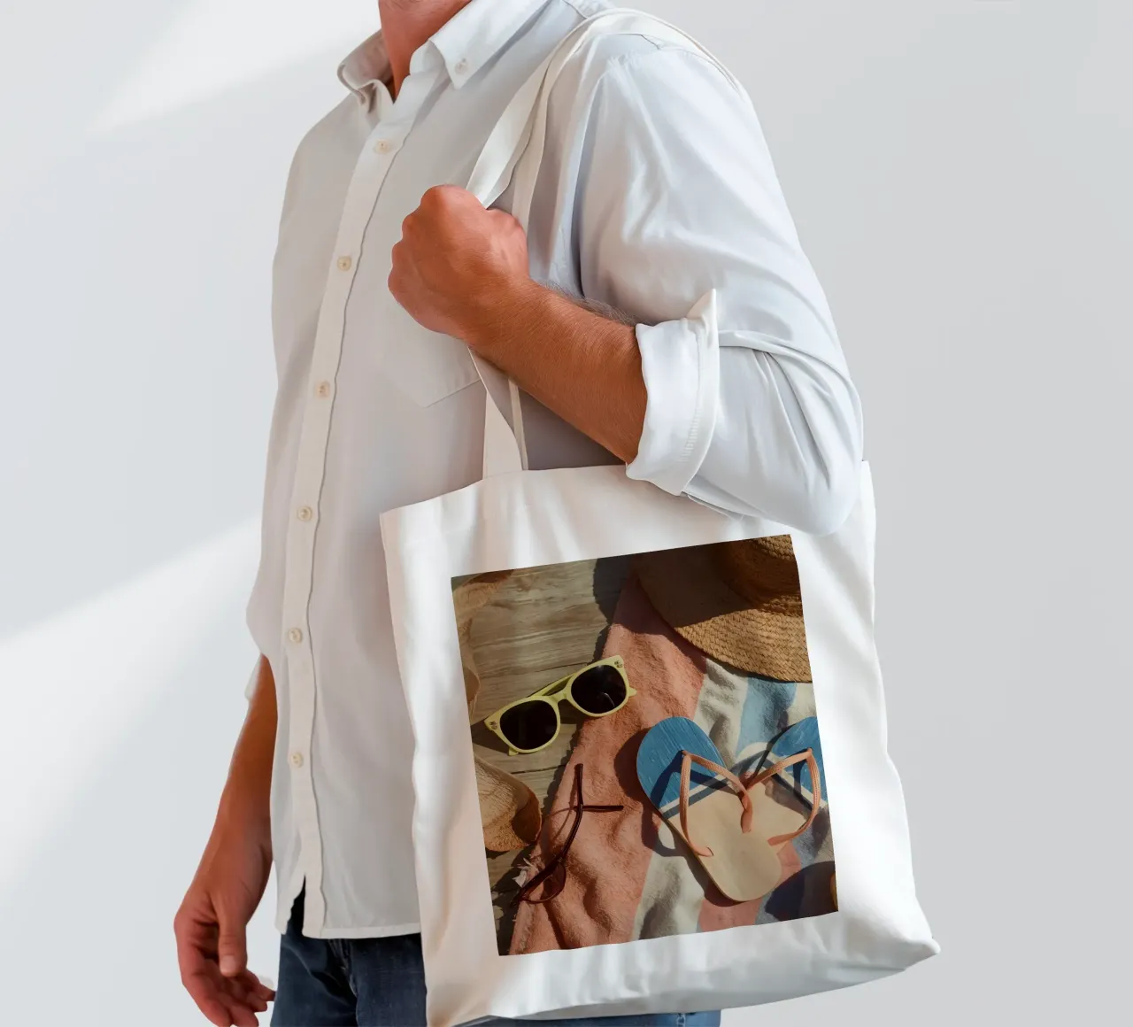 Accessori da spiaggia su asciugamano a righe e superficie in legno borsa in juta da DesignDoodle