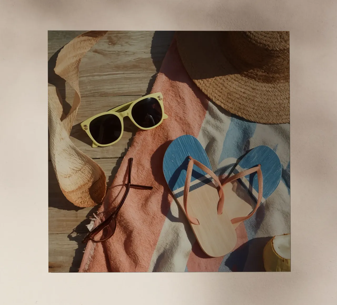Accessori da spiaggia su asciugamano a righe e superficie in legno pellicola backlit da DesignDoodle