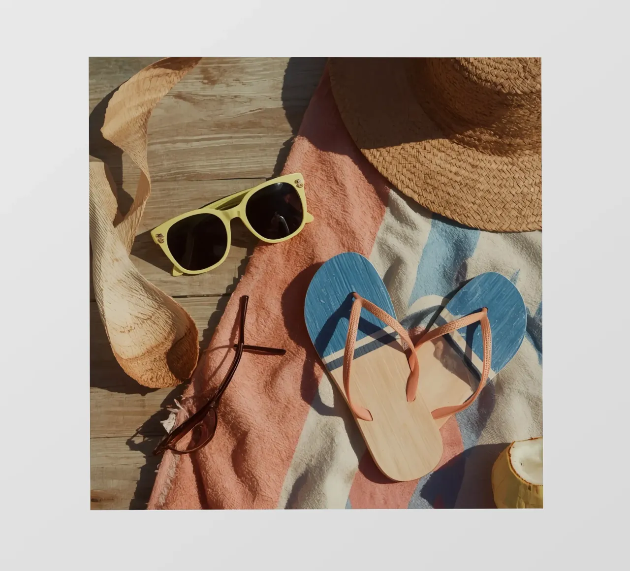 Accessori da spiaggia su asciugamano a righe e superficie in legno pellicola backlit da DesignDoodle