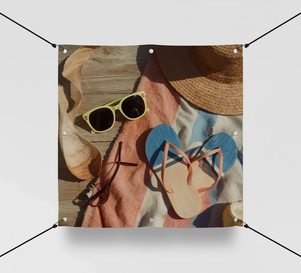Accessori da spiaggia su asciugamano a righe e superficie in legno telo in pvc da DesignDoodle