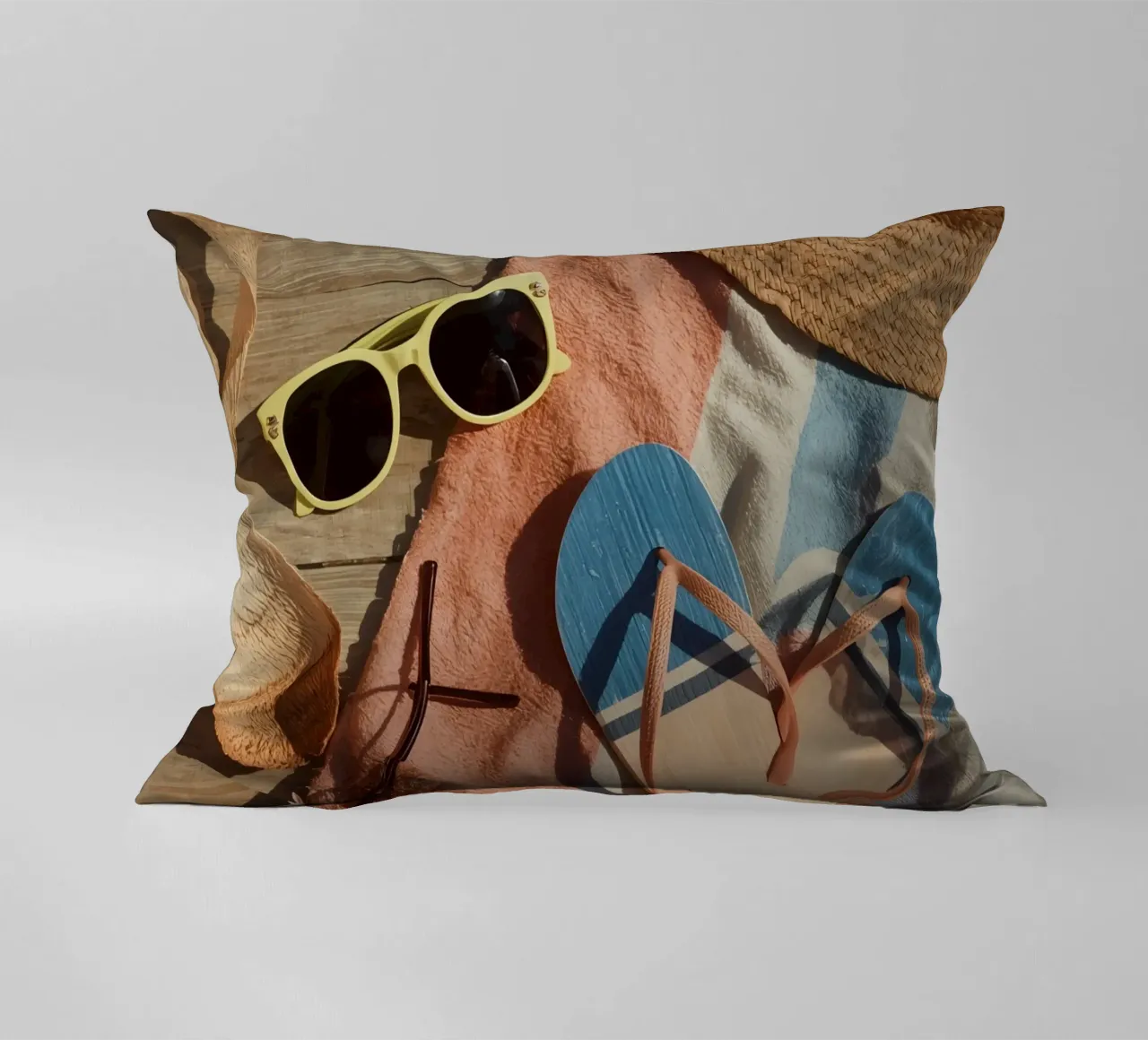 Accessori da spiaggia su asciugamano a righe e superficie in legno cuscino da DesignDoodle