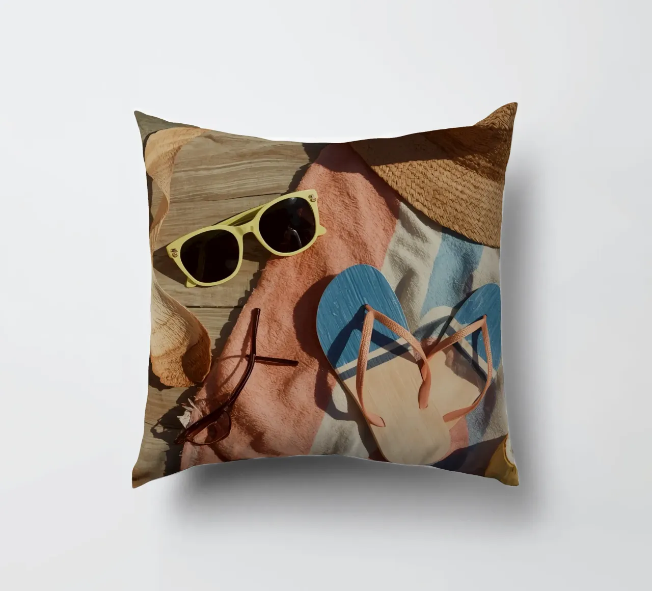 Accessori da spiaggia su asciugamano a righe e superficie in legno cuscino da DesignDoodle