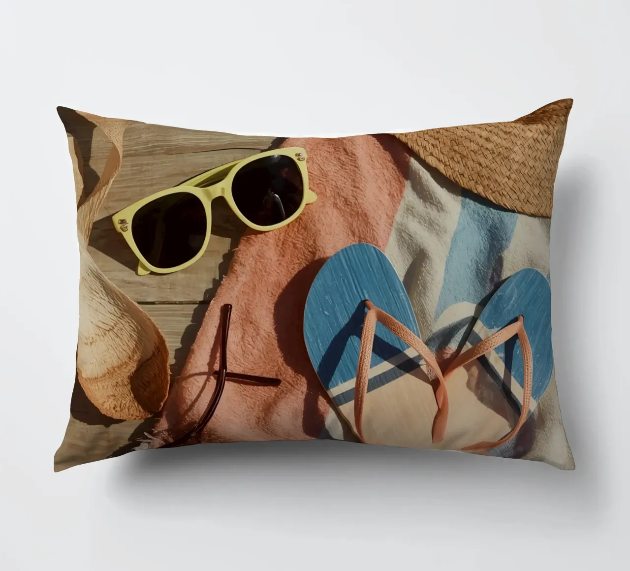 Accessori da spiaggia su asciugamano a righe e superficie in legno cuscino da DesignDoodle