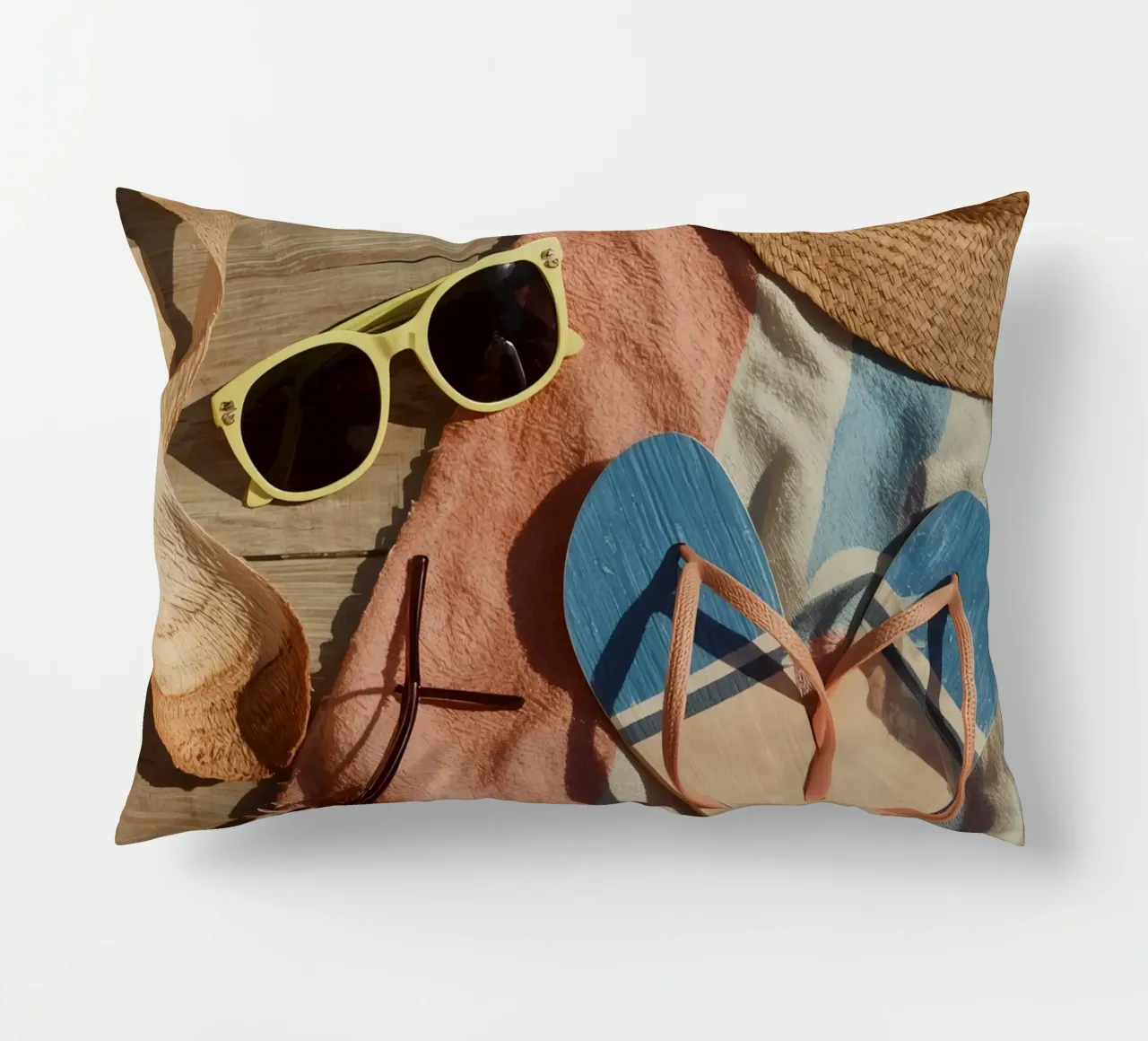 Accessori da spiaggia su asciugamano a righe e superficie in legno cuscino da DesignDoodle