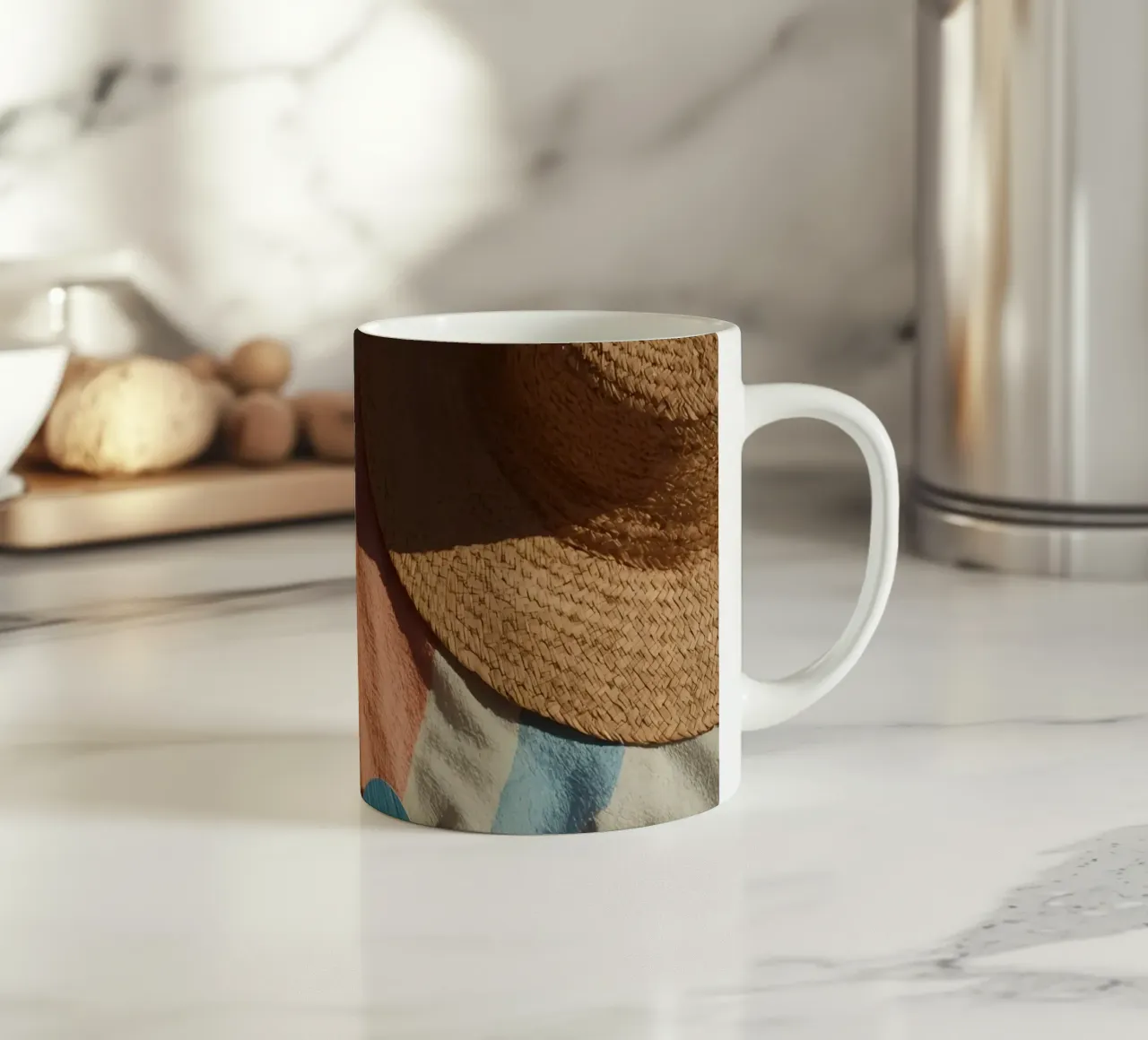 Accessori da spiaggia su asciugamano a righe e superficie in legno tazza in ceramica da DesignDoodle
