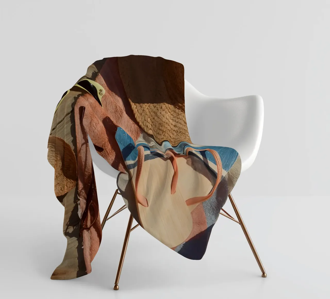Accessori da spiaggia su asciugamano a righe e superficie in legno coperta in pile da DesignDoodle