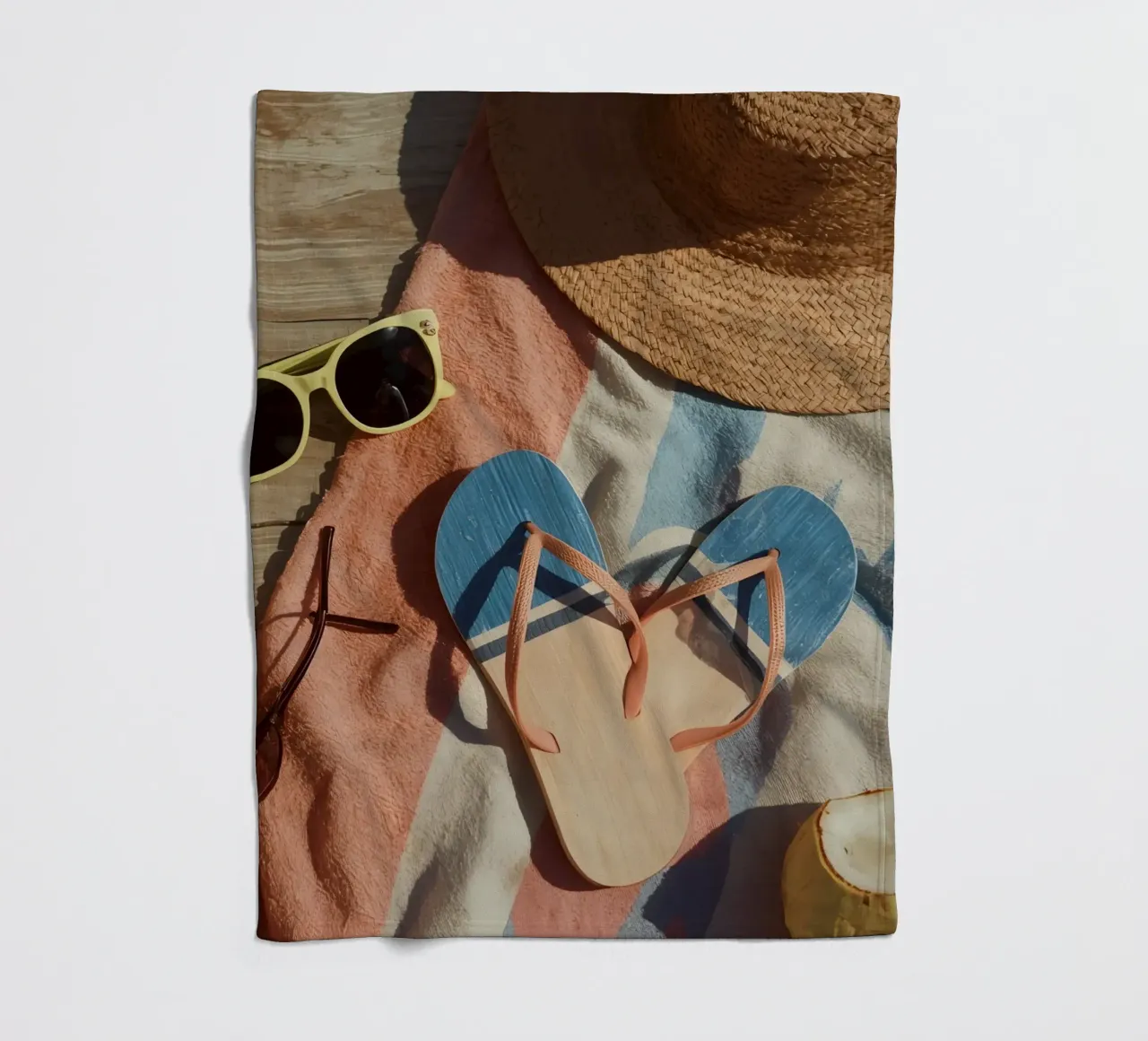 Accessori da spiaggia su asciugamano a righe e superficie in legno coperta in pile da DesignDoodle