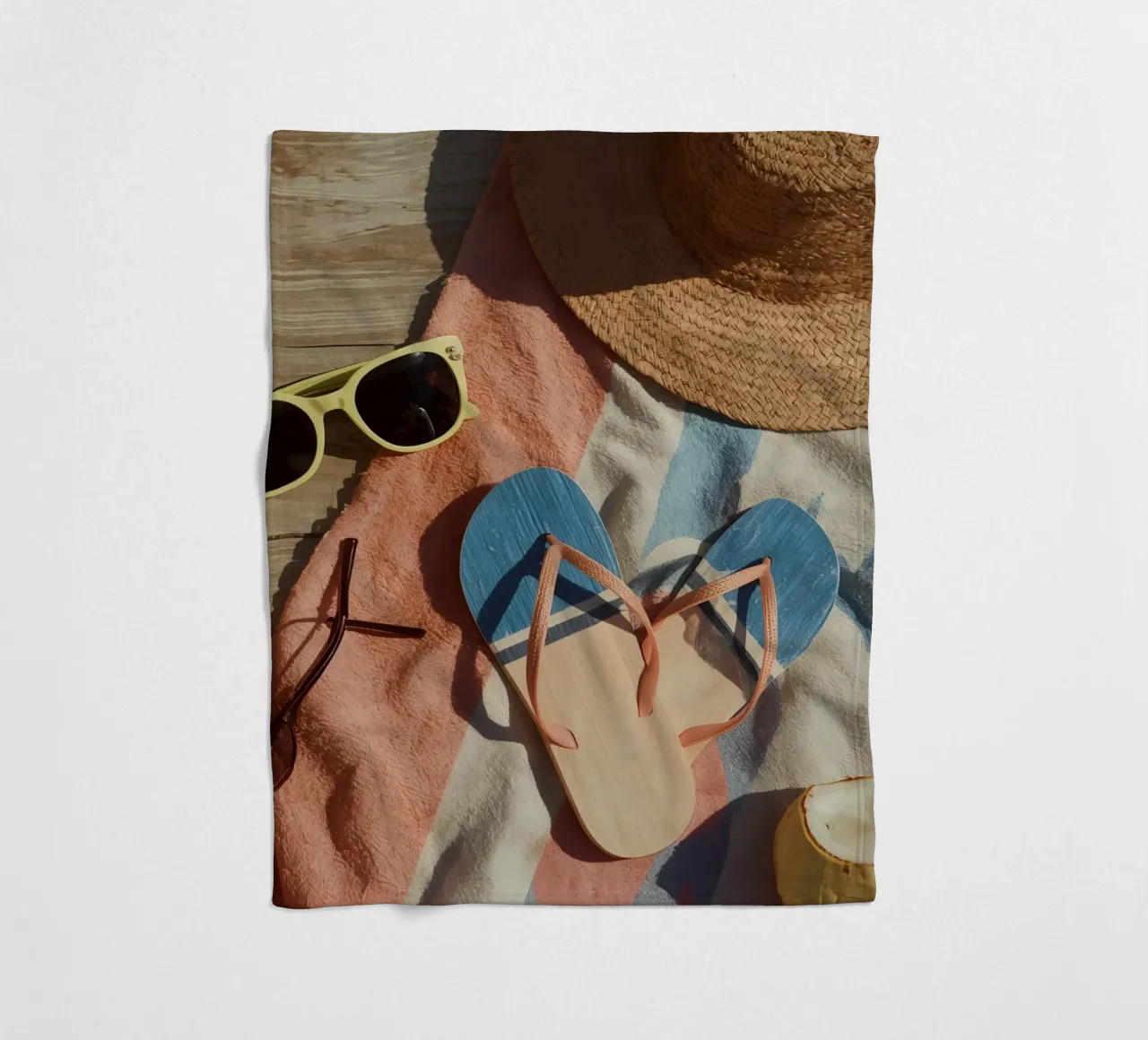 Accessori da spiaggia su asciugamano a righe e superficie in legno coperta in pile da DesignDoodle