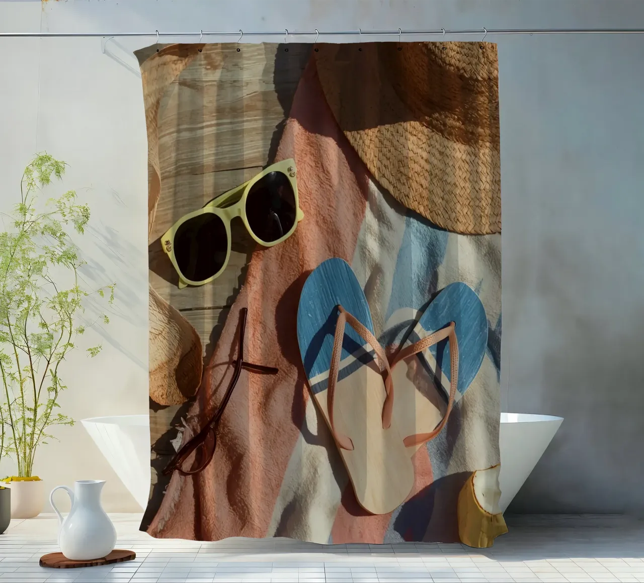 Accessori da spiaggia su asciugamano a righe e superficie in legno tenda da doccia da DesignDoodle