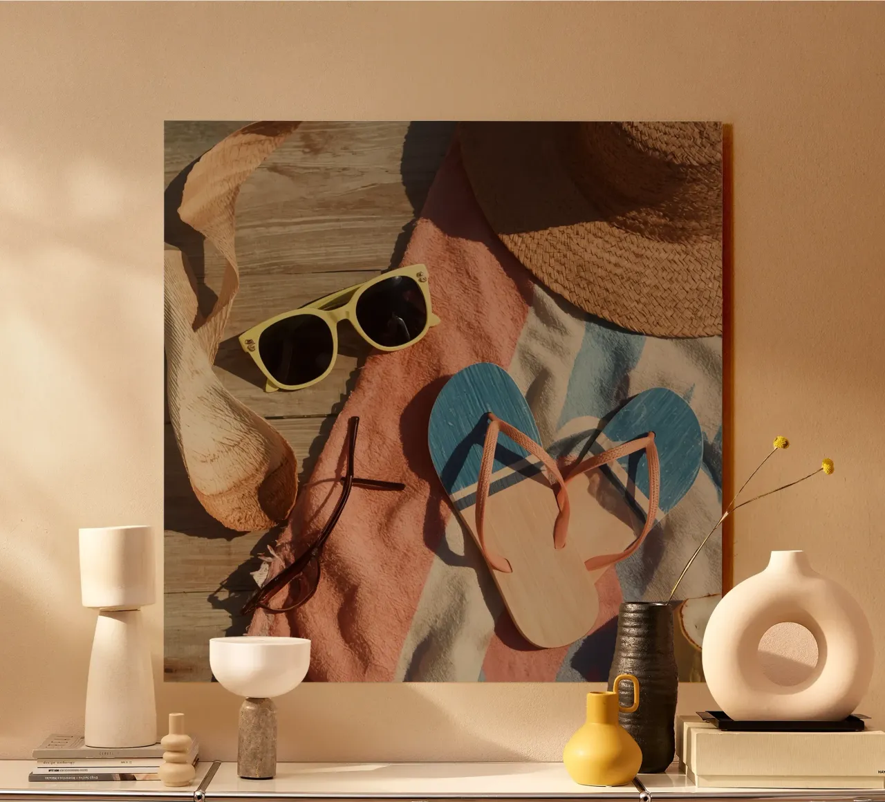 Accessori da spiaggia su asciugamano a righe e superficie in legno plexiglass da DesignDoodle