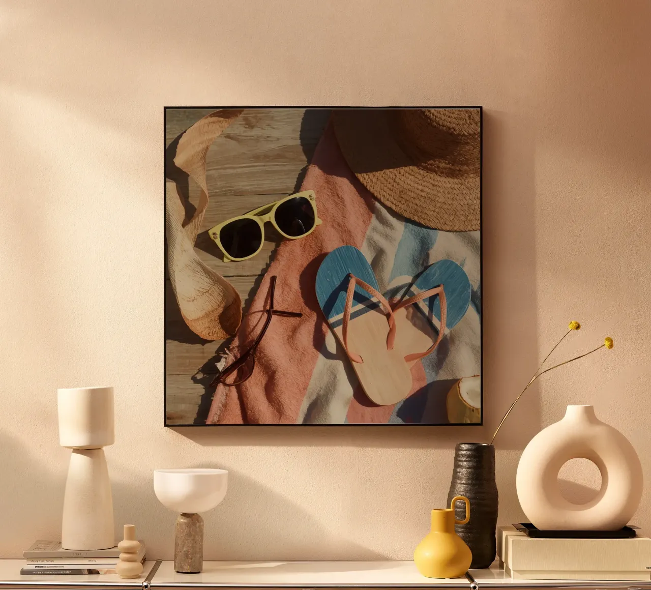 Accessori da spiaggia su asciugamano a righe e superficie in legno alluminio dibond da DesignDoodle