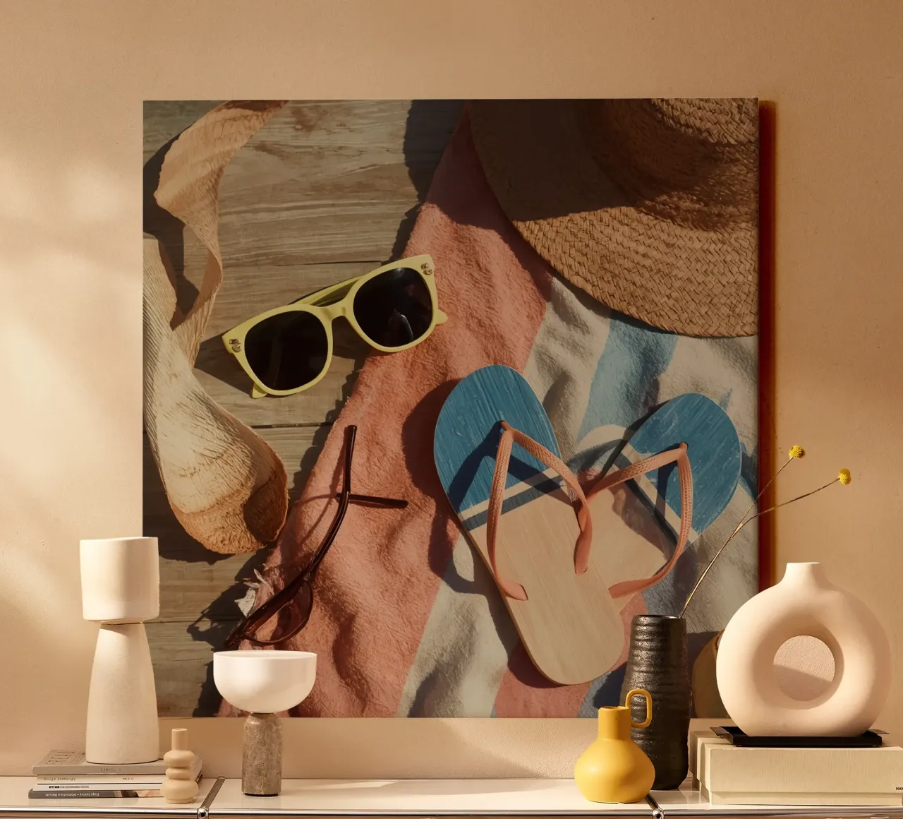 Accessori da spiaggia su asciugamano a righe e superficie in legno tela con Cornice a cassetta da DesignDoodle