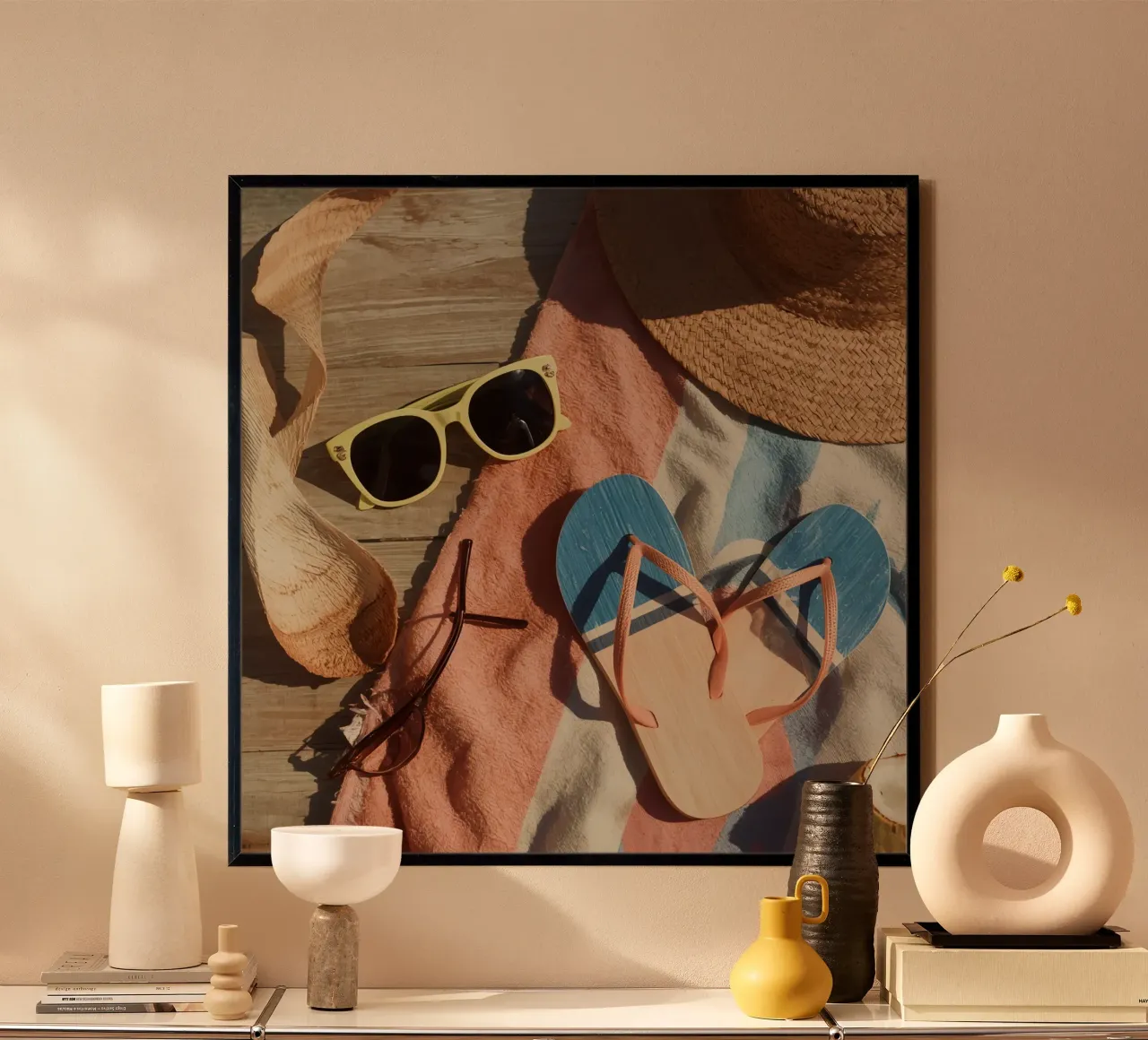 Accessori da spiaggia su asciugamano a righe e superficie in legno poster da DesignDoodle