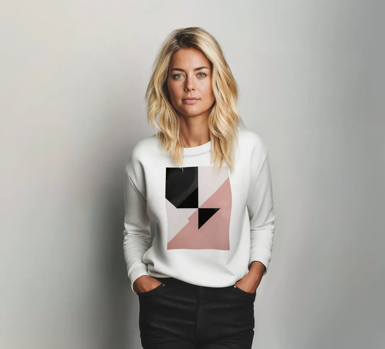Imagen abstracta de triángulos negros semicírculo rosa y blanco sudadera de DesignDoodle