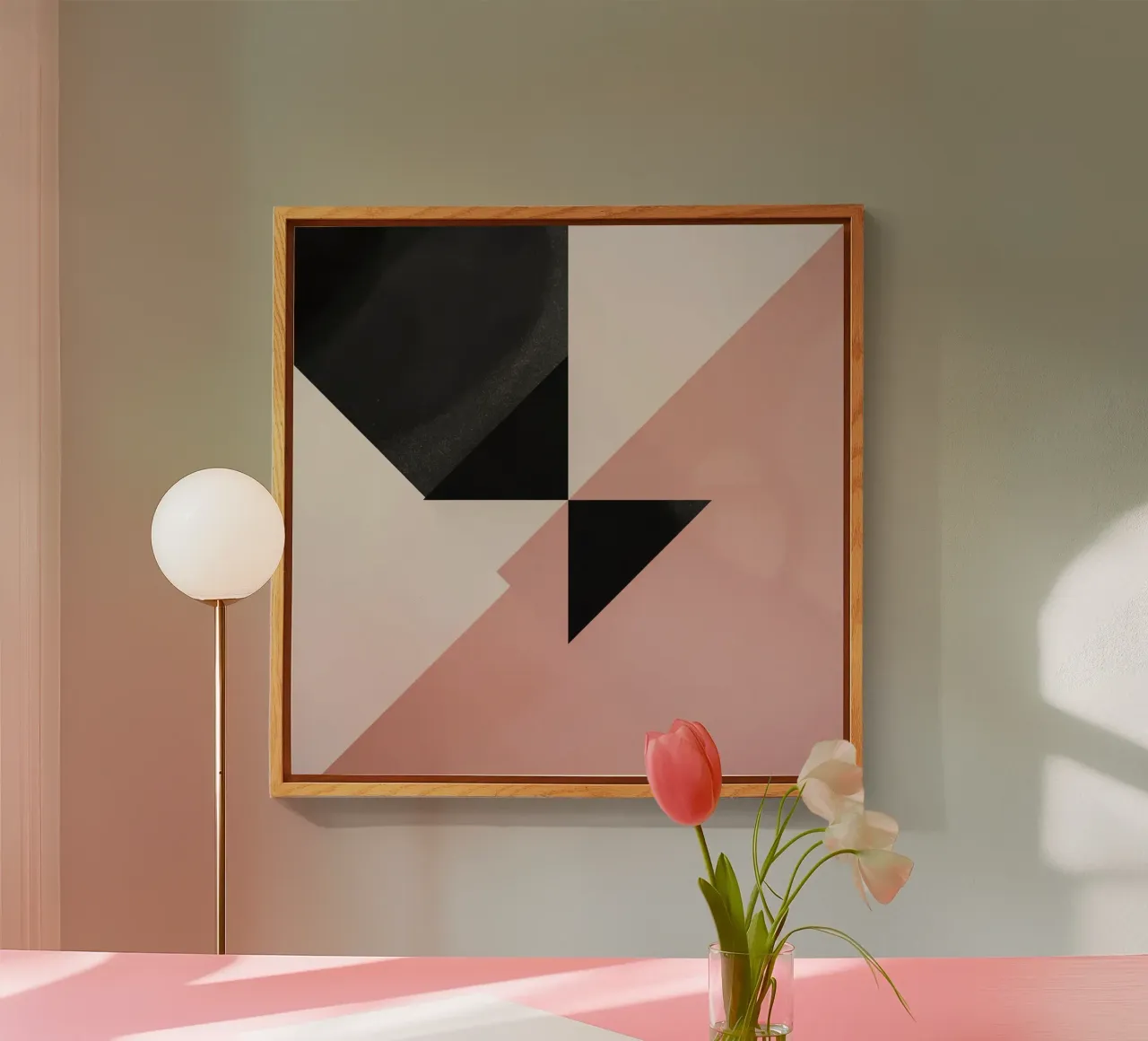 Imagen abstracta de triángulos negros semicírculo rosa y blanco metacrilato de DesignDoodle