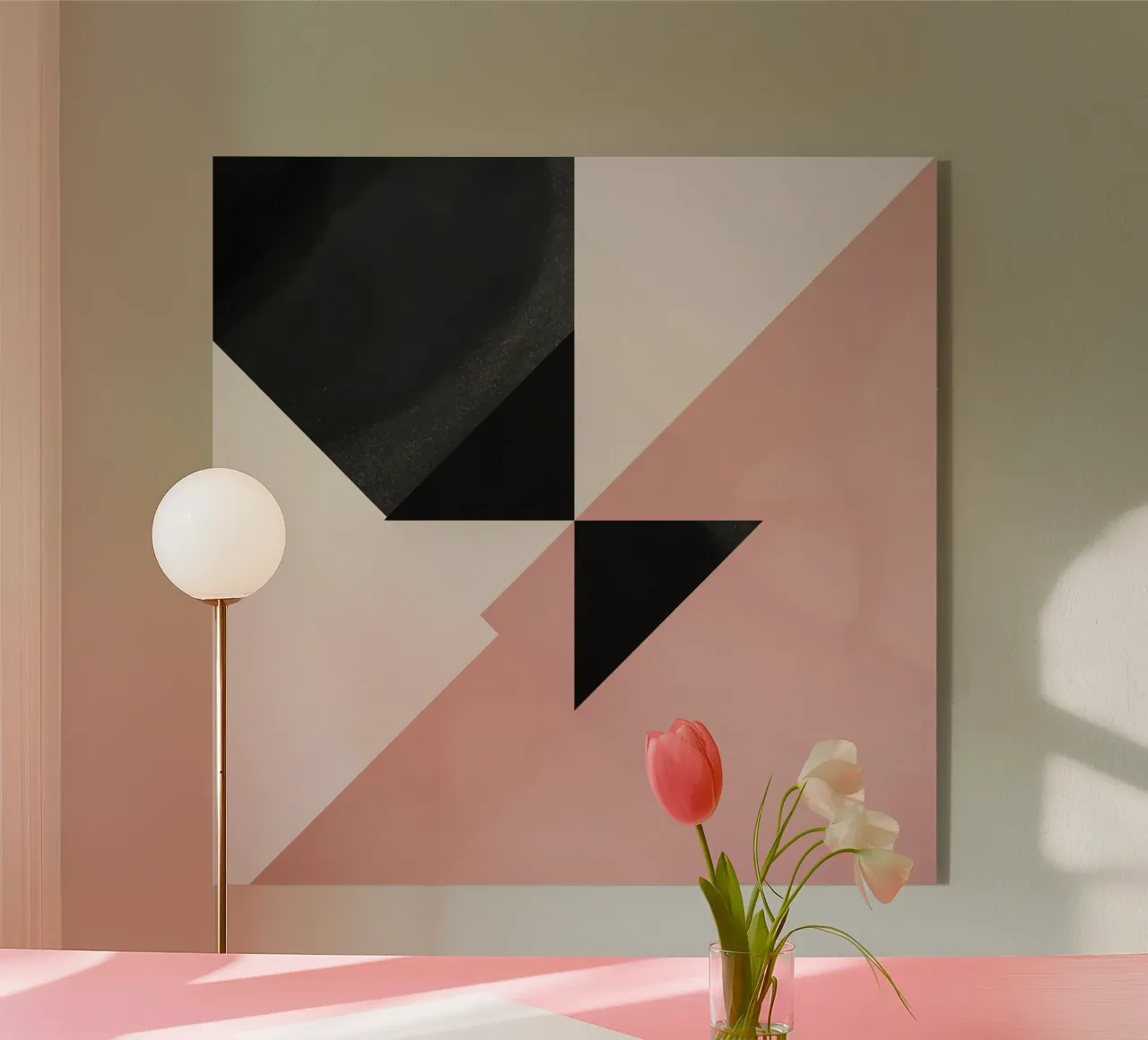 Imagen abstracta de triángulos negros semicírculo rosa y blanco metacrilato de DesignDoodle