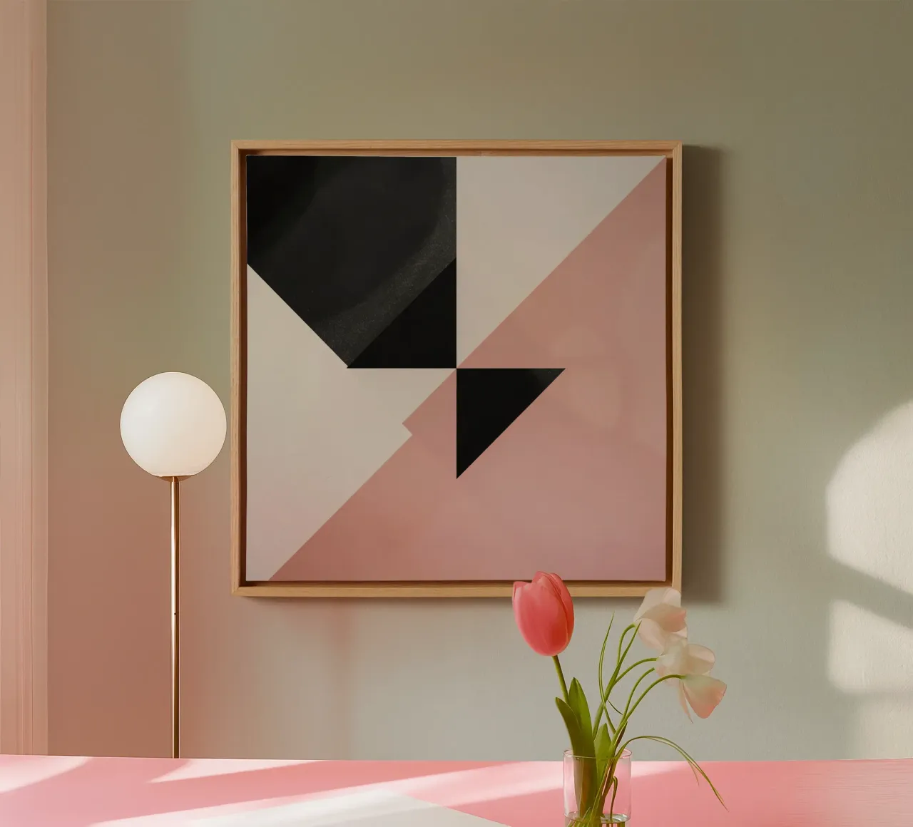Abstracte afbeelding van zwarte driehoeken halve cirkel roze en wit canvas met Baklijst van DesignDoodle