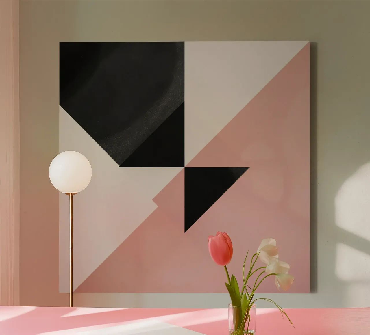 Abstracte afbeelding van zwarte driehoeken halve cirkel roze en wit canvas met Baklijst van DesignDoodle