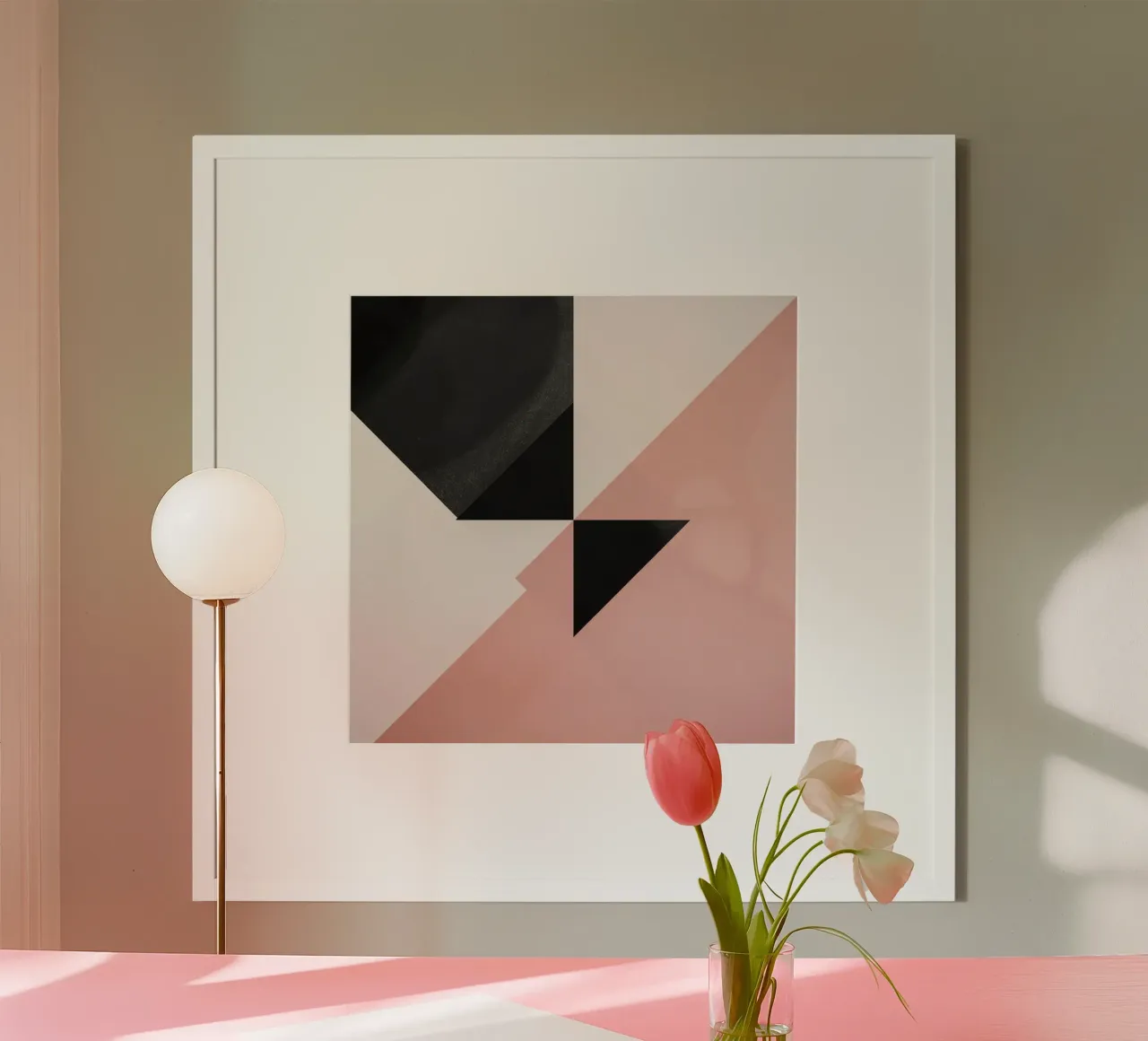 Immagine astratta di nero triangoli semicerchio rosa e bianco poster con telaio in plastica da DesignDoodle