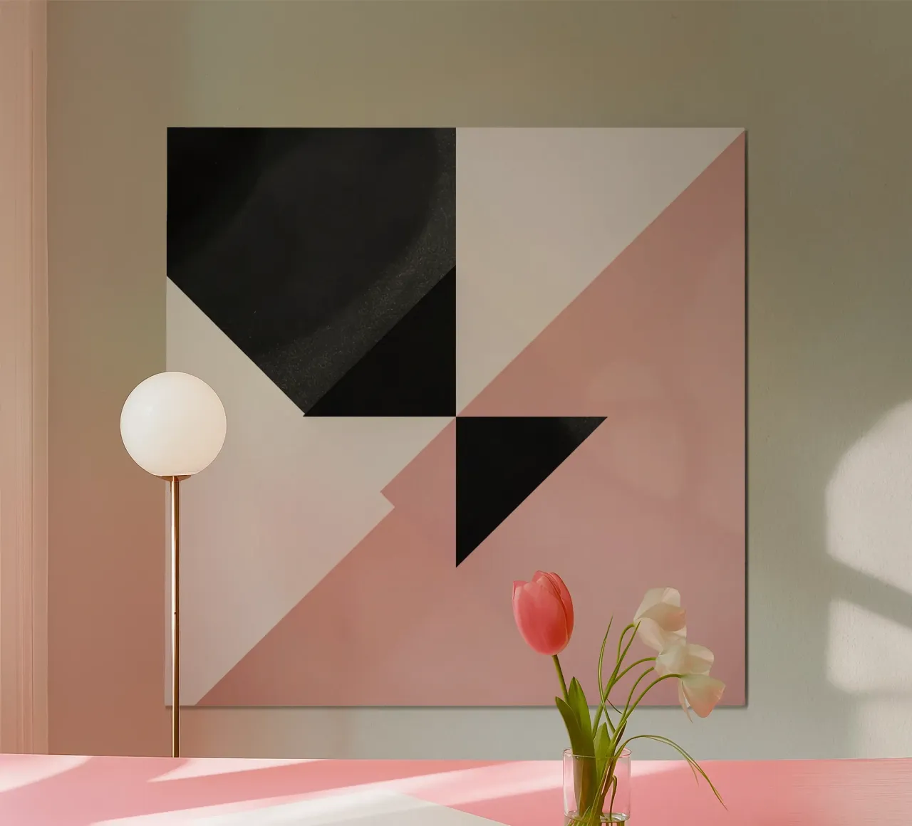Immagine astratta di nero triangoli semicerchio rosa e bianco poster con telaio in plastica da DesignDoodle