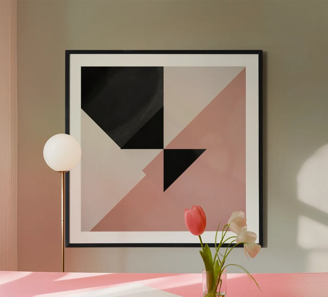 Immagine astratta di nero triangoli semicerchio rosa e bianco poster con telaio in plastica da DesignDoodle