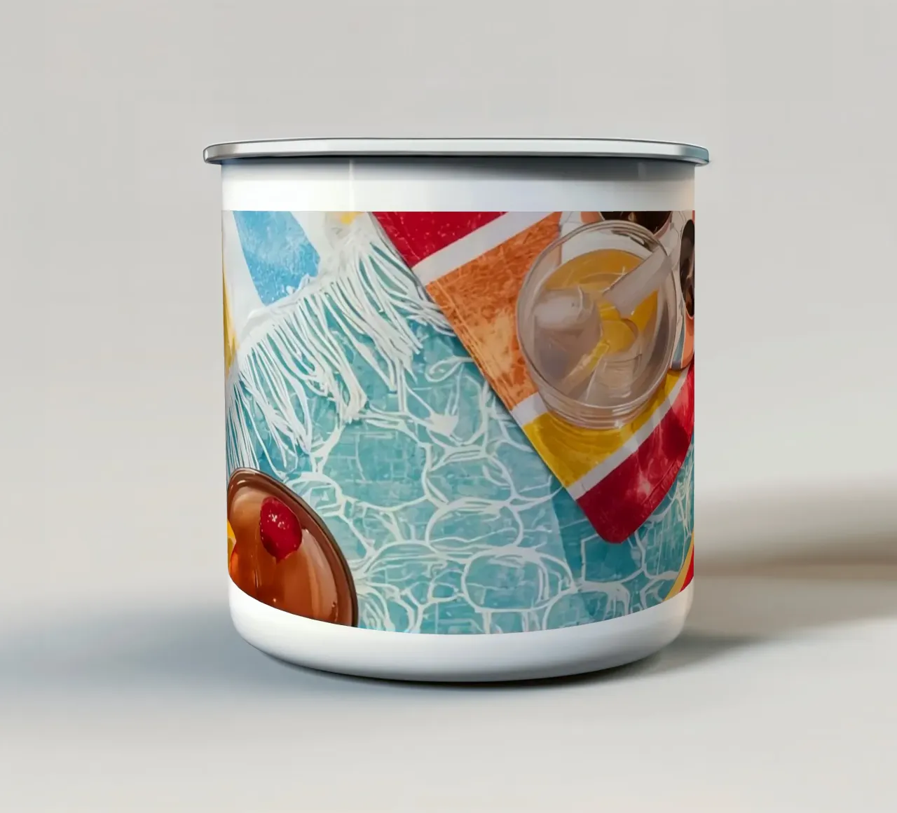 Asciugamani da spiaggia Bevande Frutta Accessori estivi Vista dall'alto tazza in smalto da DesignDoodle